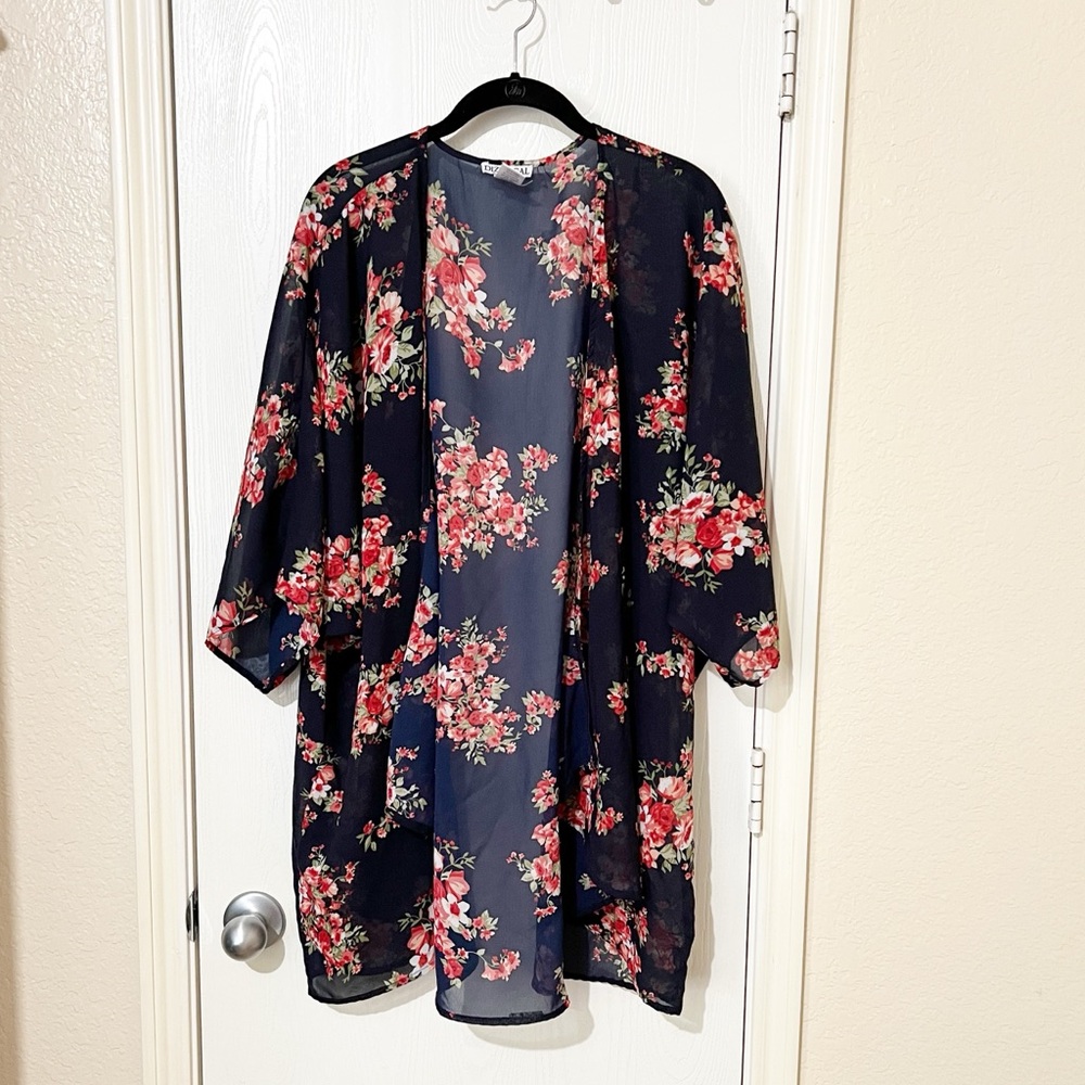 [Dizzy Gal] Sheer Kimono Cover Up Navy Blue Floral Roses Open Waterfall Front 2X